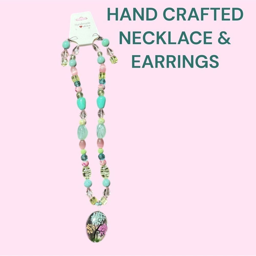 Whimsical Pastel Beaded Necklace Turquoise Tree of Life Butterfly handcrafted